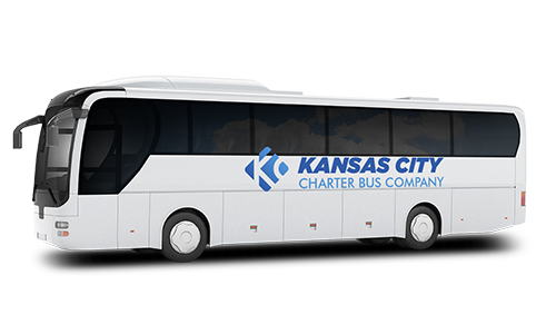 a plain white charter bus with the "Kansas City Charter Bus Company" logo