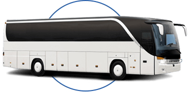 a plain white charter bus with a blue circle graphic behind it